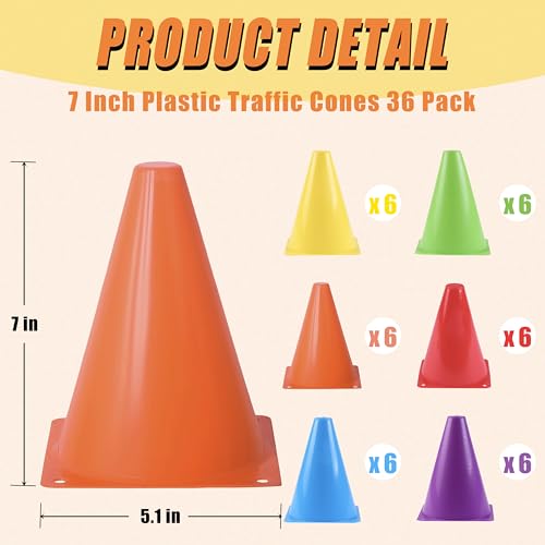7" Sports Agility Cones - 36 Pack for Training Drills