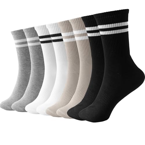 Striped Crew Socks - Long Cotton Athletic Casual Socks (2 White, 2 Beige, 2 Black, 2 Gray)