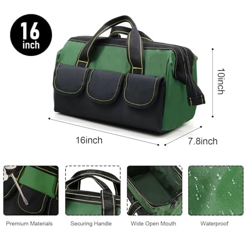 2 Pack Rugged 16-Inch Wide Mouth Tool Bag for Professionals, Waterproof and Durable. Great for Construction Electricians Carpentry and DIY Enthusiasts (Green,Bule)