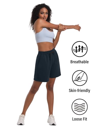 Dalavch Women's Summer Cotton Sweat Shorts with Pockets, 4 Pack, Large, Black, Blue & Grey Variants