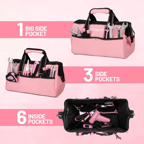 WORKPRO 13-Inch Tool Bag, Pink Soft Cloth Tool Storage Bags, Wide Mouth Tool Tote Bag with Inside Pockets - Pink Ribbon