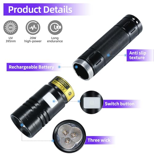 DARKBEAM UV Flashlight 395nm Black Light, 20W High Power 3 UV LEDs USB -C Rechargeable, Mini Woods Lamp Ultraviolet with Glasses- Detector for Pet Urine, Uranium Glass - Leak Detection - Curing Resin