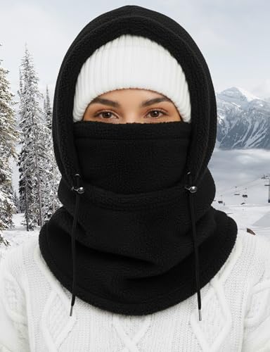 Fleece Balaclava Face Mask - Windproof Neck Warmer - Black Large