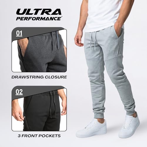 Ultra Performance Men's 3 Pack Fleece Sweatpants with Pockets - Large Black/Charcoal/Heather Grey