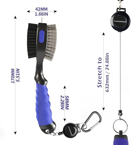 Golf Club Cleaner Brush Set - 2 Pack with Retractable Carabiner - Black & Blue