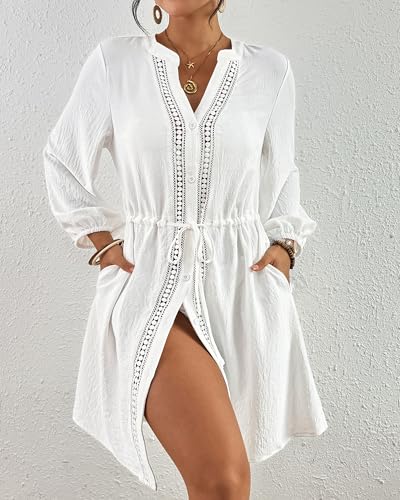 Bsubseach Women's Large White V-Neck Swimsuit Coverup Beach Dress