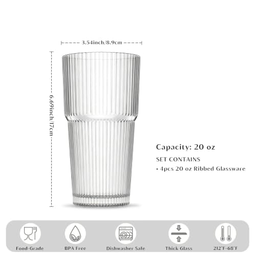 INSETLAN 20oz Ribbed Glass Tumblers Set of 4 - Iced Coffee & Drinkware