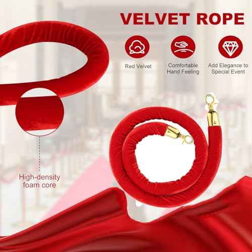 4pcs Velvet Stanchion Rope, 5 Feet Red Velvet Rope Crowd Control Barrier with Gold Plated Clasp for Carpet, Queue Safety Barriers for Party Decorations, Hotels, Theaters, Grand Openings