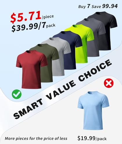 7 Pack Men's Quick Dry Athletic T-Shirts - Large, Red, Green, Grey, Blue, Neon Green, Dark Grey