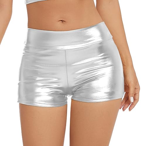 High Waisted Metallic Rave Booty Shorts - Silver, Medium