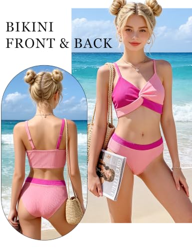 Girls' Two-Piece V-Neck Bikini Set - Spaghetti Strap Bathing Suit - Rose & Pink, Size 15-16