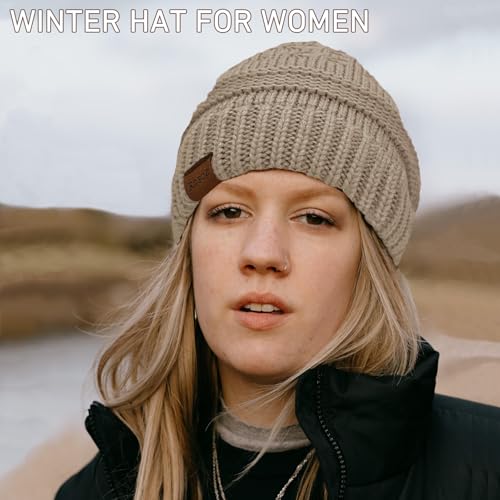 Winter Ponytail Beanie for Women - Soft Stretch Cable Knit Hat