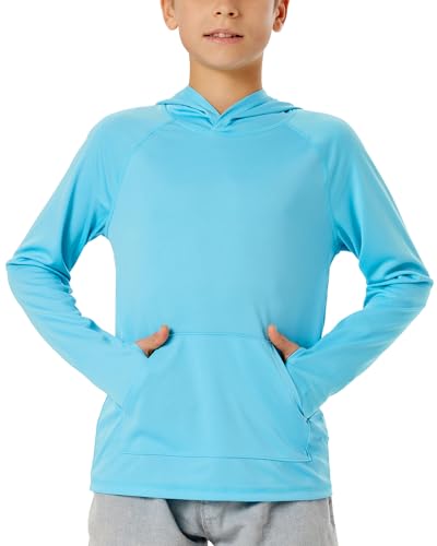 Boys Long Sleeve Hoodie Swim Shirt - UPF 50+ Sun Protection, Crystal Blue, Large