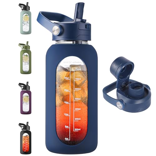 Navy Blue 32 oz Glass Water Bottle with Detachable Straw & Time Marker