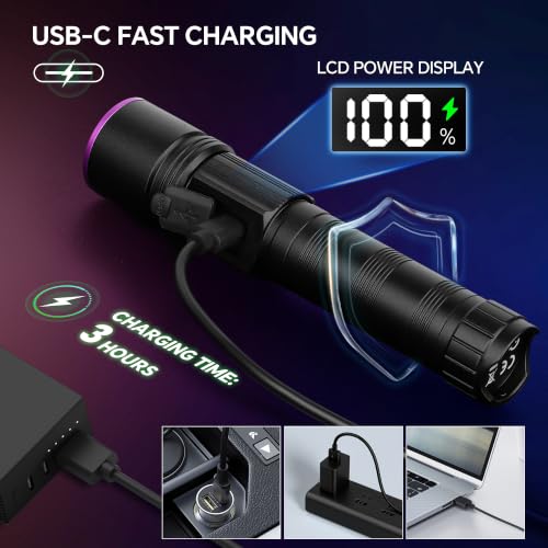 365nm Black Light UV Flashlight 30W Rechargeable with LCD Display - TrixHub (Black, 1 Pack)