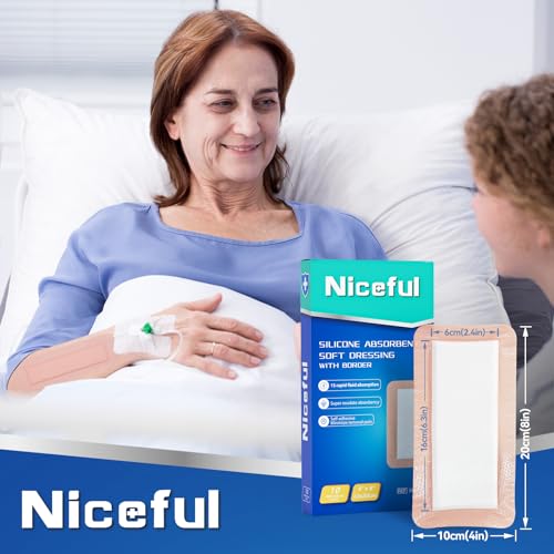 Niceful 4x8 Inch Silicone Super Absorbent Wound Dressing - Self-Adhesive, Large Bandages for Heavy Exudate, Bed Sores & Surgical Incisions