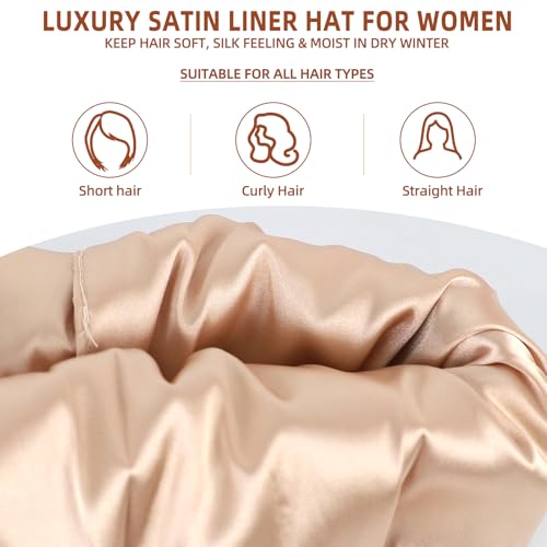 Satin Lined Beanie - Warm Silk Lined Hat for Winter - One Size Caramel