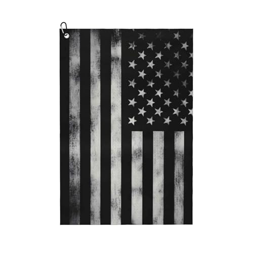 Guyperatic Patriotic Flag Black Golf Towel 24x16 with Carabiner Clip - USA Sports Accessory