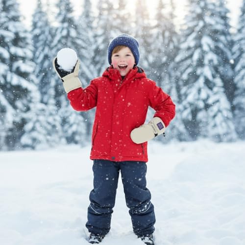 Kids Ski Mittens - Windproof Warm Fleece Lined Gloves - Beige