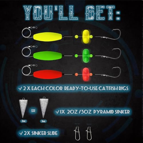 Narcissus Catfish Rigs Set 6/0 Hook, 2 oz Pyramid Sinkers, Float & Rattle