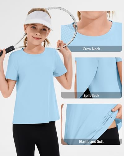 Girls Athletic T-Shirt - Split Open Back, Quick Dry, Blue, 7-8 Years