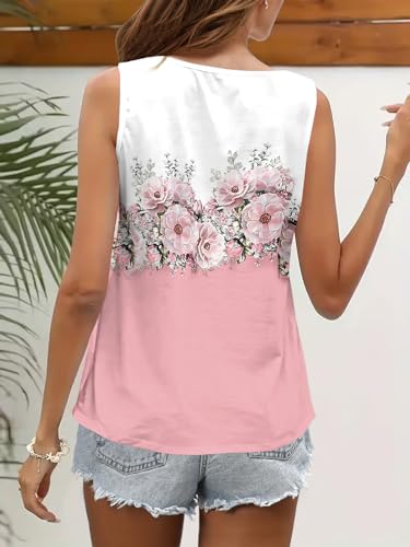 SAUKOLE Summer Women's Pleated Square Neck Tank Top with O Ring Shoulder, Casual Loose Fit, Medium Foralpinkwhite