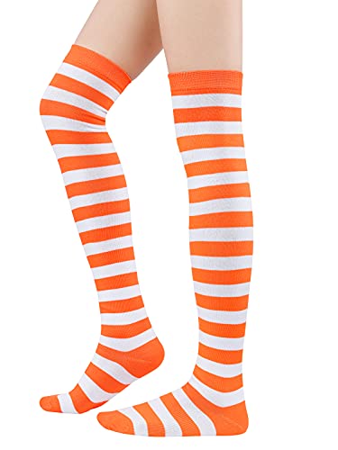 Thigh High Striped Socks - Extra Long Tube for Women - One Size Orange/White