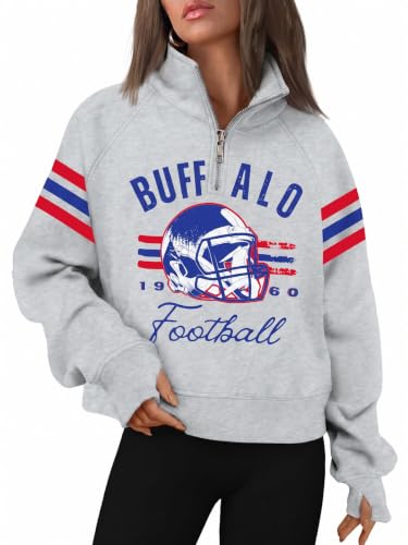 Game Day Football Sweatshirt for Women - Quarter Zip Cropped Top - Grey B, Large