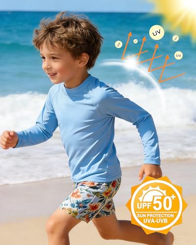 Boys' Long Sleeve Rash Guard Swim Shirt - UPF 50+, 6-8 Years Light Blue
