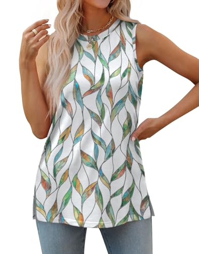 Womens Tank Tops - Crewneck Loose Fit Casual Side Split Sleeveless - X-Large D-White Print