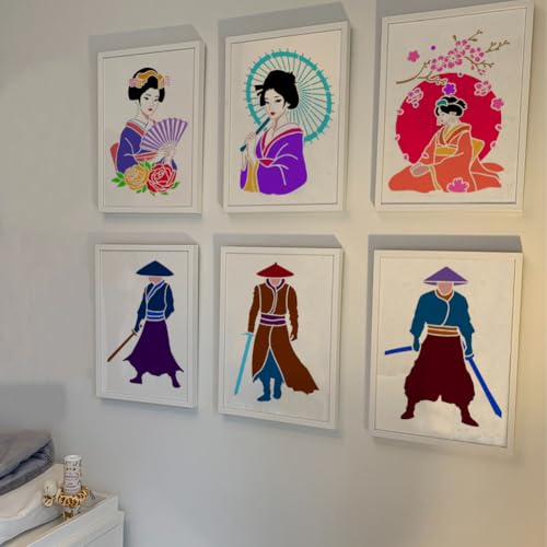 FINGERINSPIRE 6 PCS Geisha Swordsman Painting Stencil with 1 Pc Plastic Paint Brush 8.3x11.7inch Samurai Warrior Stencil Geisha Template Human Theme Template for Painting on Wall Wood Furniture