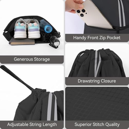 Drawstring Backpack Gym Bag - Lightweight Two Tone Black