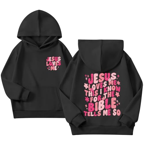 Girl's Christian Graphic Hoodie - God Jesus Loves Me - Black, 5-6 Years