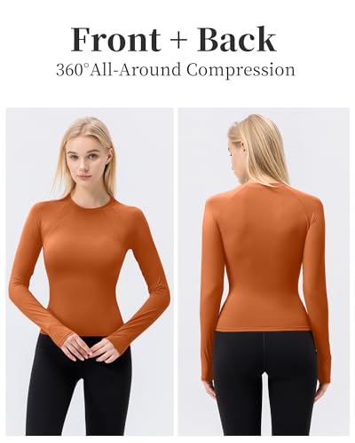 Women's Compression Long Sleeve Workout Shirt with Thumb Holes - Orange, X-Large