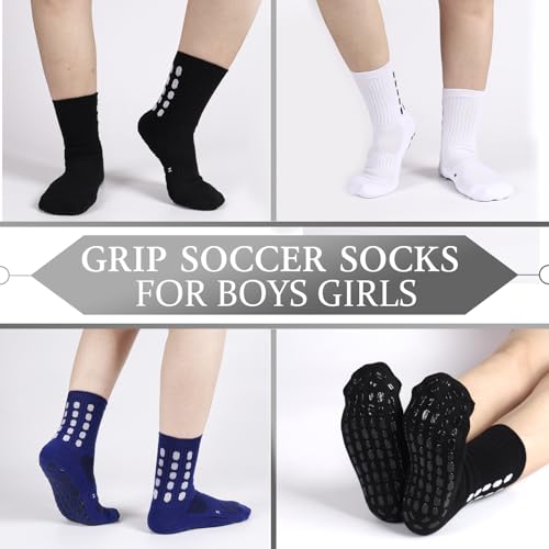 Kids Grip Soccer Socks - Cushioned Non-Slip Athletic Socks - Medium Black+White+Blue
