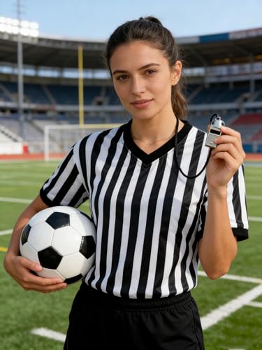 Large Referee Shirt Set with Whistles - 6 Official Soccer Umpire Jerseys for Men & Women