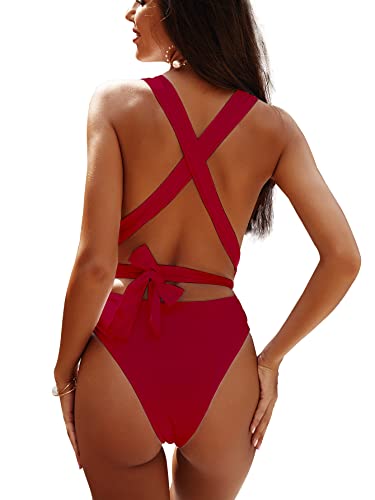 Lilosy Red Medium One-Piece Sexy Swimsuit for Women - Plunge Bathing Suit