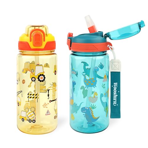 Wooshwa 20 Oz Kids Water Bottle with Flip-Lid, 591 ml (Excavator & Dinosaur) Pack of 2