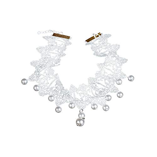White Lace Pearl Choker Necklace - Gothic Bridal Wedding Jewelry