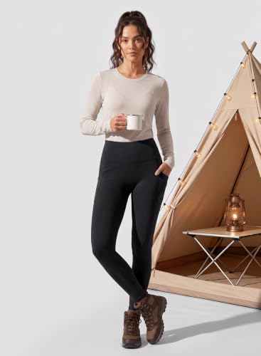Merino Wool Leggings for Women with Pockets - High Waisted, Medium, Black - WWOMAY
