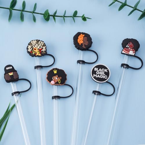 Cute Black Girl Straw Cover Caps - 6 Pack for Stanley Cups