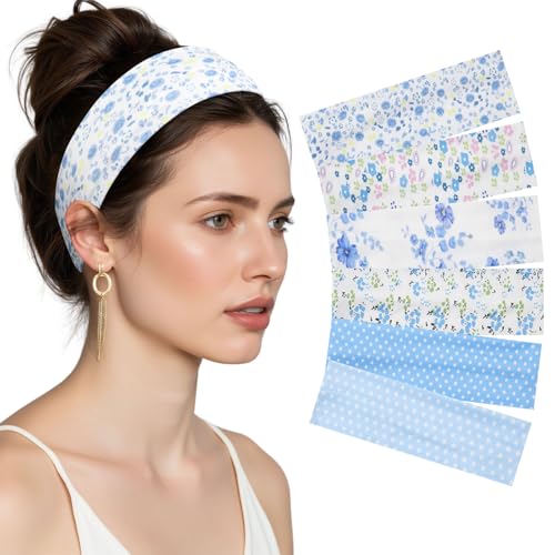Wide Headbands for Women - 6 Pack Non-Slip Soft Elastic Hair Bands - Blue Print