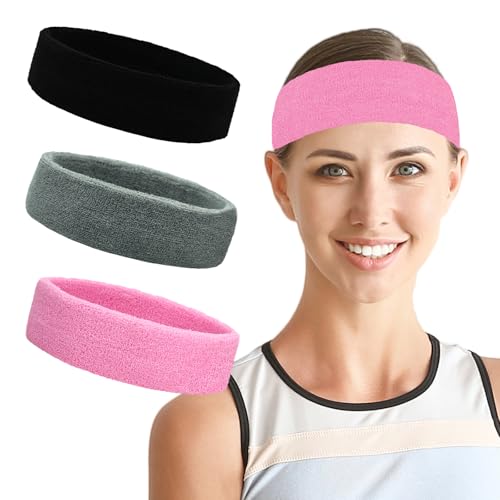 Moisture-Wicking Sports Headbands for Men & Women - 3 Pack - Black, Gray, Pink