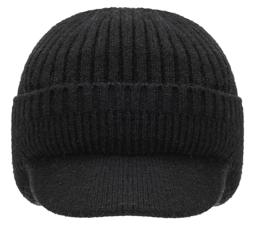 Warm Beanie Hat with Earflap and Visor - One Size, Black