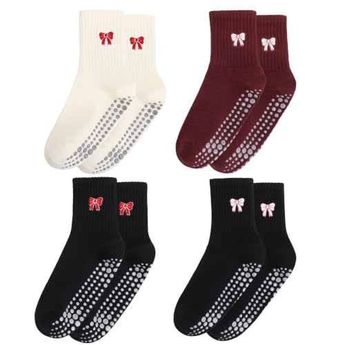 Cute Pilates Socks with Grips for Women - 4 Pairs