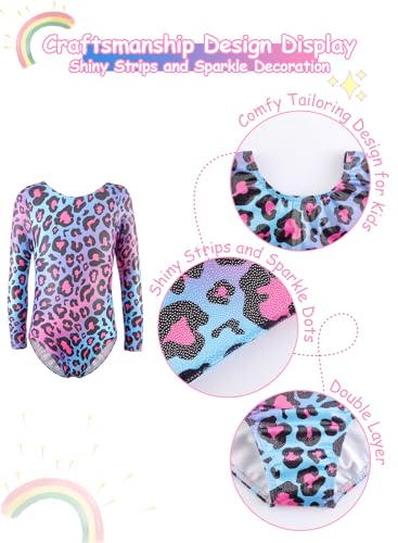 Gymnastics Leotard for Girls - Long Sleeve Unitard with Sparkle Rainbow Mermaid Ribbons - Colorful Leopard