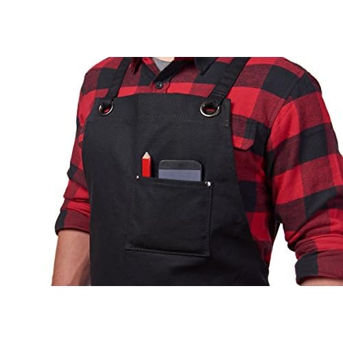 Hudson Durable Goods Heavy Duty Waxed Canvas Apron for Men and Women, Adjustable Crossback Work Apron with Tool Pockets, Water-Resistant - Fits up to XXL, Black