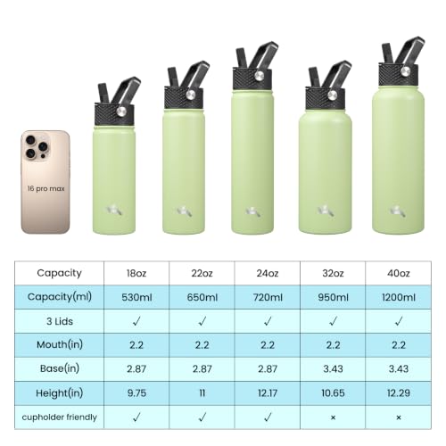 Konokyo 32 oz Macaron Green Insulated Stainless Steel Water Bottle with Straw Lid