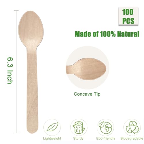 100 Pack Disposable Wooden Spoons - 6.3 Inch Eco-Friendly Cutlery