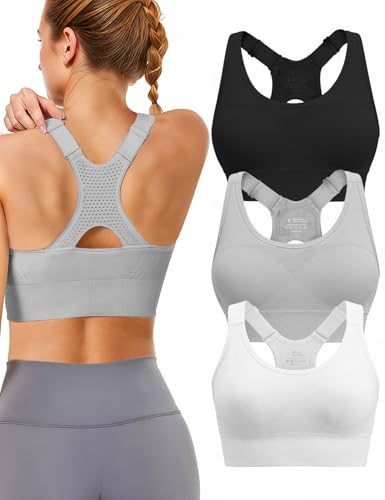 Adjustable Sports Bras for Women High Support Padded Racerback Medium Black/White/Silver Grey